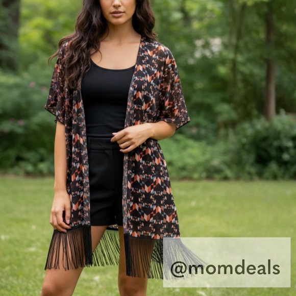 LuLaRoe Other - LulaRoe Monroe OpenFront Black Fringe Chiffon Sheer Coat Duster Bohemian Batwing